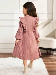 少女领口荷叶边下摆长袖A字连衣裙 - 藕粉色 - 查看 2