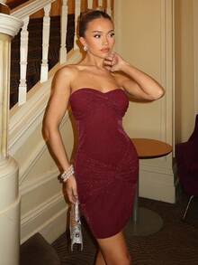 Glamine Charm Vestido mini ajustado de punto metálico burdeos con detalle de nudo delantero, vestido mini elegante y sexy para fiestas de Navidad y Halloween - Negro - Ver 4