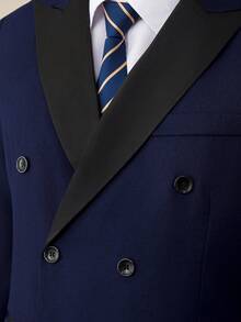 Manfinity Bizformal 男士正装商务撞色尖领双排扣西装外套和裤子套装，适合婚礼 - 藏蓝色 - 查看 7