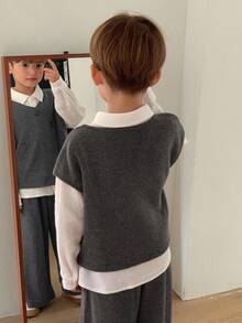 DAZY 2 件套幼儿男童简约无袖上衣和直筒裤休闲装，宽松版型，秋季 - 黑色 - 查看 2