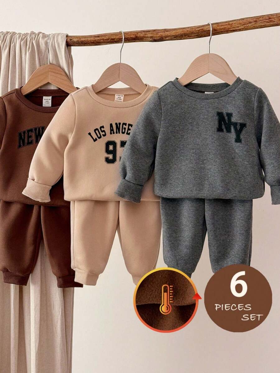 LMoss Kids LMoss 6件套男婴字母图案针织圆领卫衣和裤子套装，男婴服装，幼儿冬季服装，男婴休闲套装，秋季服装，套头衫，舒适的秋冬款式，长袖上衣 - 彩色 - 查看 1