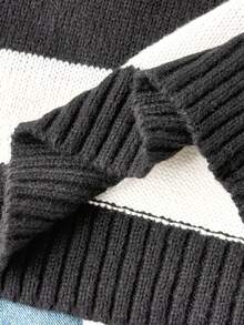 SHEIN 1pc Girls' Sweater,Black And White Striped,V-Neck Loose Fit Knit Sweater,Casual Back-To-School,School,Autumn Youth Tween Girl Clothes,Elegant Sweater - Multicolor - View 8