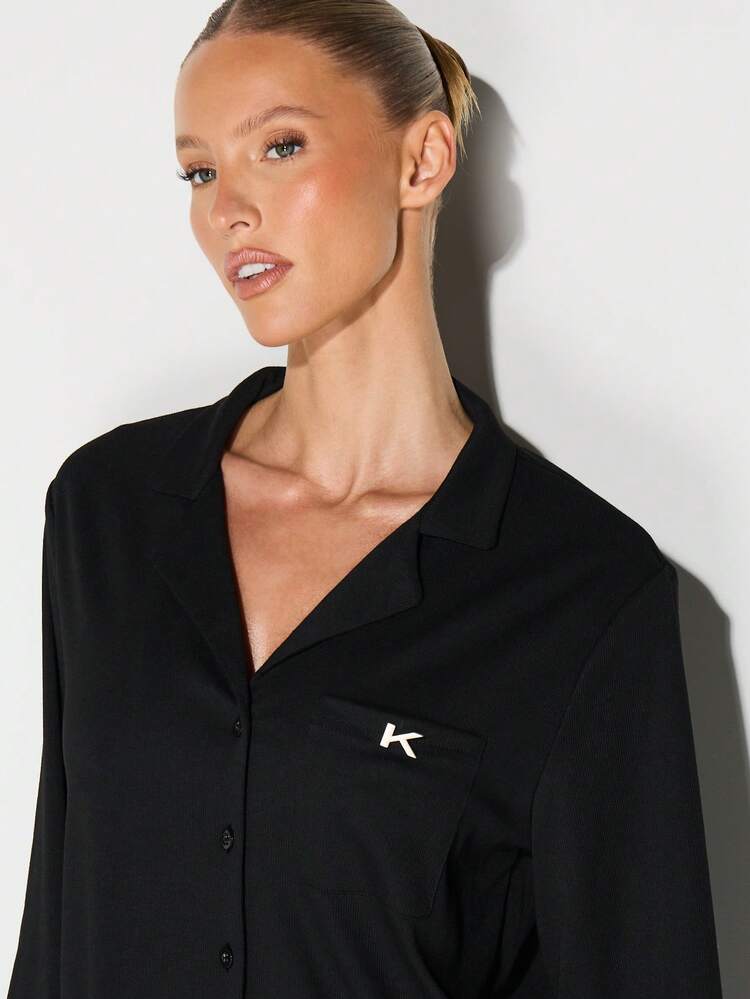 KIZN Soft Button Front Long Sleeve Pajama Set With High Rise Straight Leg Pants For Comfort Loungewear