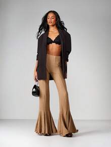 MISSGUIDED Quần ống loe ống loe ống rộng cạp cao kiểu Palazzo họa tiết nhăn quần dự tiệc cưới buổi tối trang trọng - Màu Khaki - Xem 1