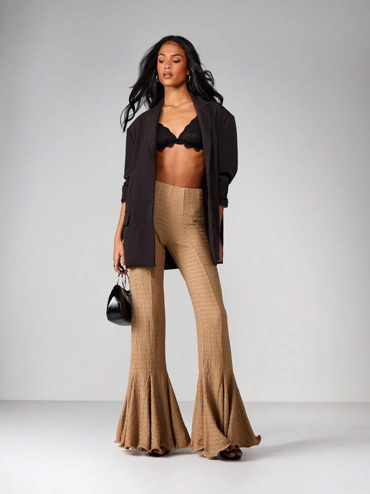 MISSGUIDED Retro Bell Bottom Flared Pants High Waist Wide Leg Palazzo Textured Crinkle Festival Wedding Evening Formal Occasion Statement Pants