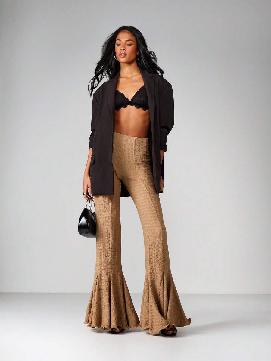 MISSGUIDED Quần ống loe ống loe ống rộng cạp cao kiểu Palazzo họa tiết nhăn quần dự tiệc cưới buổi tối trang trọng - Màu Khaki - Xem 1