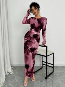 Elenzga 优雅渐变长袖修身女式连衣裙长裙套装 - 中紫紅色 - 查看 5
