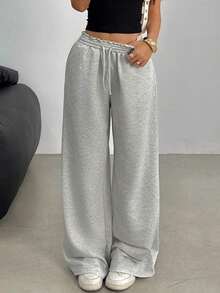SHEIN 青少年女孩休闲宽松低腰松紧腰带阔腿运动裤，适合春夏秋冬 - 灰色 - 查看 10
