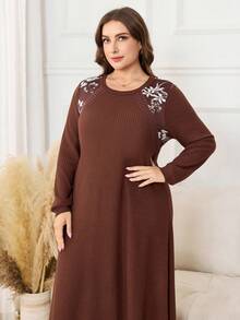 Lacomfia Vestido de estar por casa casual de talla grande para mujer con textura de tela de parches florales - Café integral - Ver 4