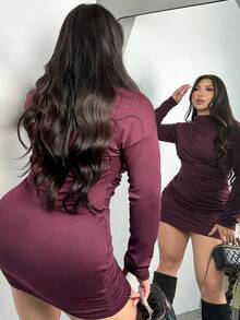 Firerie Vestido ajustado de manga larga con pliegues de unicolor elegante talla grande, otoño - Rojo violeta - Ver 1