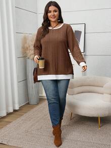 EMERY ROSE Große Größen Kontrast Farbe 2 in 1 Rundhals Dropped Shoulder Langarm Spaltung Saum Lässiges Loose Sweatshirt