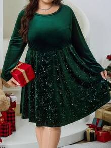 SHEIN CURVE+ Plus Size Round Neck Long Sleeved Crystal Decoration Simple Short Casual Dress Plus Size Women's Autumn Dress, Christmas Dress, Party Dress - Dark Green - View 8
