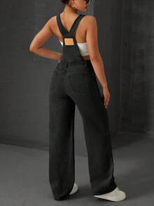 SHEIN EZwear 女士宽松口袋阔腿休闲牛仔连体裤 - 黑色 - 查看 2