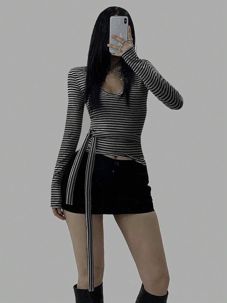 Women's Casual Colorblock Striped Crew Neck Drawstring Long Sleeve T-Shirt, Versatile Fitted Top For Autumn/Winter