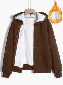 SHEIN EZwear 女式纯色前拉链长袖连帽口袋休闲运动衫，秋冬长袖上衣 - 咖啡棕 - 查看 1