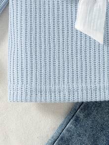 SHEIN Playful Pals 2pcs/Set Baby Girl Autumn&Winter Casual Style Suit,Bowknot Decoration ,Long Sleeves Top&Long Jeans