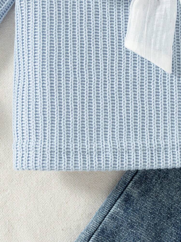 SHEIN 女婴秋冬休闲套装（2件套），蝴蝶结装饰，长袖上衣和长牛仔裤 - 藍色 - 查看 7