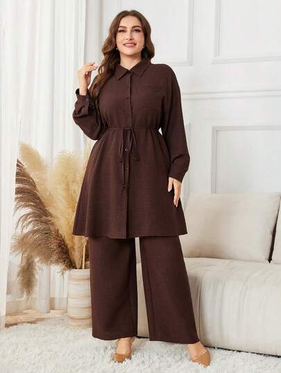 Lacomfia 1 Set Women Plus Size Long Sleeve Shirt And Straight Leg Pants, Fashionable Casual Daily Comfortable Minimalist