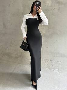 Firerie 女士新款优雅简约日常休闲通勤修身连衣裙，黑白撞色长袖衬衫裙，秋冬新款衬衫裙，适合办公室工作服、教师装、外出穿着，是秋季女士服装的理想之选。 - 黑與白 - 查看 4