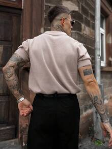 Artur Kramer 男士镂空设计针织Polo衫，简约时尚，适合夏季 - 卡其色 - 查看 2