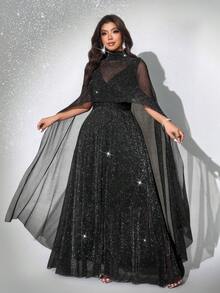 Viva Relle VPlus Size Elegant Long Sequin Party Dress - Black - View 3