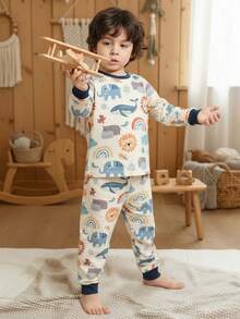 LMoss Kids LMoss Set 2 buc. pentru băieți, top cu guler rotund, tricotat auriu, și colanți, lenjerie de casă casual, croială potrivită, pijama pentru copii, set 2 piese cu mânecă lungă pentru băieți, pijama pentru copii, pijamale cu imprimeu animal pentru copii, stiluri confortabile de toamnă și iarnă. - Multicolor - Vizualizare 7
