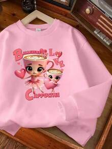 Sudadera de cuello redondo con estampado minimalista de corazón, bailarina y café, versátil y casual para niñas preadolescentes. Cómoda para salidas, actividades al aire vuelta al cole en otoño. - Rosa - Ver 4