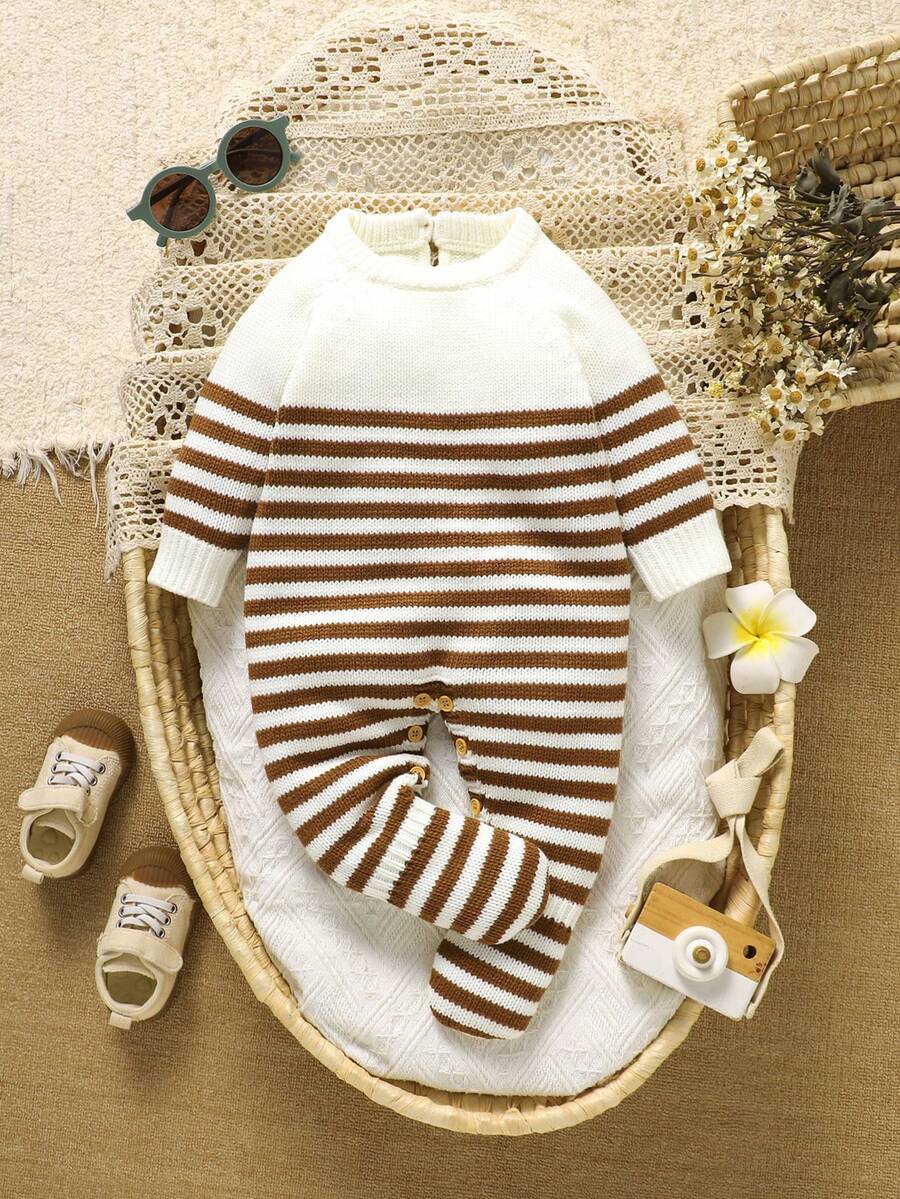 SHEIN 1pc Newborn Striped Crew Neck Long Sleeve Romper, Casual & Minimalist Design - Coffee Brown - View 1