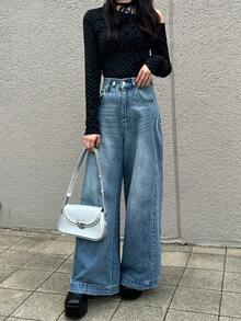 FRIFUL 女士斜领不对称领长袖波点抽绳系肩修身休闲百搭T恤，秋季款