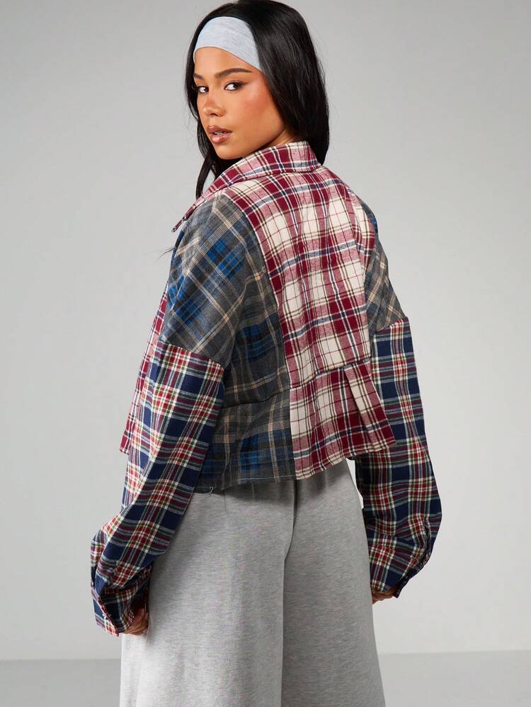 MISSGUIDED Oversized Plaid Button Down Shirt Long Sleeve Multicolor Tartan Blouse Fall Winter Casual Collared Top