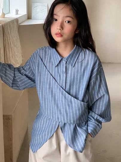 DAZY 少女翻领条纹长袖梭织衬衫