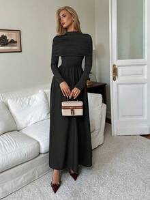 Elenzga Đầm suông trễ vai cổ cao tay dài dáng chữ A thanh lịch, lãng mạn, ôm sát eo dành cho nữ - màu đen - Xem 5