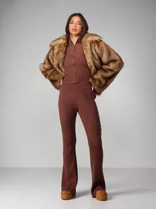 Missguided x Playboy Ribbed Knit Flare Pants With High Rise Waist And Wide Leg Silhouette For Fall Winter Comfort - Coffee Brown - View 3
