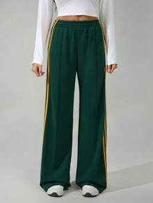 SHEIN Tall 女式松紧腰侧条纹阔腿宽松休闲运动裤，返校季 - 綠色 - 查看 5