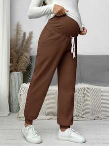 SHEIN Adjustable Waist Bow Decor Drawstring Pants For Pregnant Women, Autumn Clothing Plus Size Sweatpants Joggers For Women Women Sweatpants Women Casual Pants Brown Bottoms Women - Coffee Brown - View 4