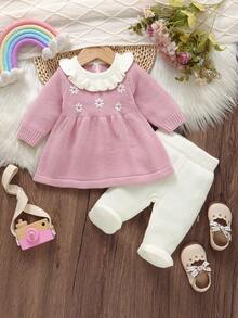 2pcs Baby Girl Outfit: Ruffled Collar Embroidered Sweater Dress + Casual Leggings, Cute & Minimalist Style Baby Set Autumn Winter Season Baby Girl Long Sleeve Outfit Baby Girl Knitted Outfit Baby Girl Knitted Outfits Baby Girl Winter Clothes Set Baby Girl Knitted Outfit Jumpsuit For Baby Girl Elegant Newborn Romper With Bow Baby Knit Jumpsuit Pink Bow Baby Outfit Baby Knitted Outfit Baby Set Autumn Winter Season Vintage Winter Baby Clothes Newborn Sweater Romper Neutral Baby Clothes Unisex - Pink - View 1