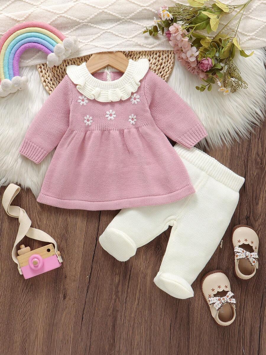 2pcs Baby Girl Outfit: Ruffled Collar Embroidered Sweater Dress + Casual Leggings, Cute & Minimalist Style Baby Set Autumn Winter Season Baby Girl Long Sleeve Outfit Baby Girl Knitted Outfit Baby Girl Knitted Outfits Baby Girl Winter Clothes Set Baby Girl Knitted Outfit Jumpsuit For Baby Girl Elegant Newborn Romper With Bow Baby Knit Jumpsuit Pink Bow Baby Outfit Baby Knitted Outfit Baby Set Autumn Winter Season Vintage Winter Baby Clothes Newborn Sweater Romper Neutral Baby Clothes Unisex - Pink - View 1