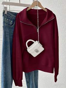 Lalippa Plus Size Solid Color Half-Zip Turtleneck Long Sleeve Pullover Sweatshirt, Autumn/Winter