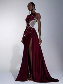 Elitara Elegante e lussuoso abito in maglia bordeaux, decorato a mano con perle finte e catena plissettata, scollo asimmetrico, maniche monospalla, spacco sexy, vita scoperta, decorazione plissettata su tutto il corpo, vestito a sirena con strascico, adatto per vacanze felici, raduni, appuntamenti, festival musicali, feste, occasioni formali, abiti da sera (lavorazione pesante)