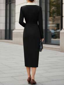 EMERY ROSE Women's Fitted Color Block Minimalist Casual Everyday Dress Maxi Women Outfit Fall Cloth For Women - Black - View 2