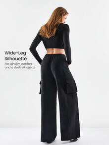 GLOWMODE 26" Cool Cargo Woven Wrinkle-Resistant Side Pockets Elastic Waistband Cargo Wide-Leg Pants  Daily Casual Wear Spring Summer - Black - View 3