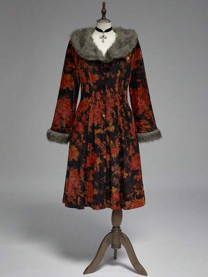 Hippie Vintage Floral Print Plush Patchwork Open Front Lightweight Jacket For Plus Size Women/Winter