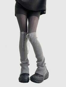 ROMWE Kawaii 2 Pairs Y2K Retro Striped Cute Bowknot Leg Warmers, Fashionable & Minimalist Design, Suitable For School, Casual, Commute, Date, Home Wear - Grey - View 2