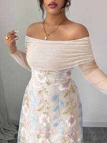 Modelyn 大码女式网纱拼接刺绣露肩长袖荷叶边连衣裙 - 杏色 - 查看 2