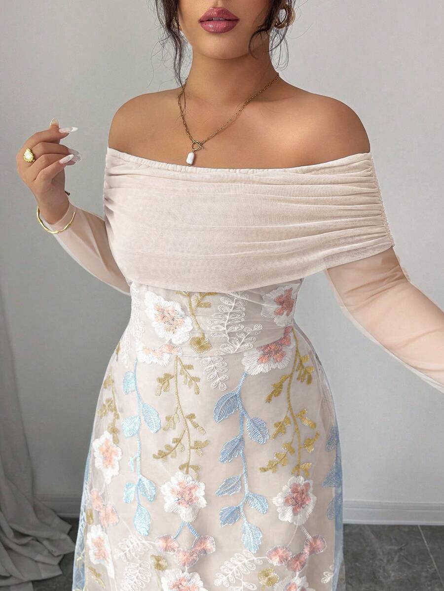 Modelyn 大码女式网纱拼接刺绣露肩长袖荷叶边连衣裙