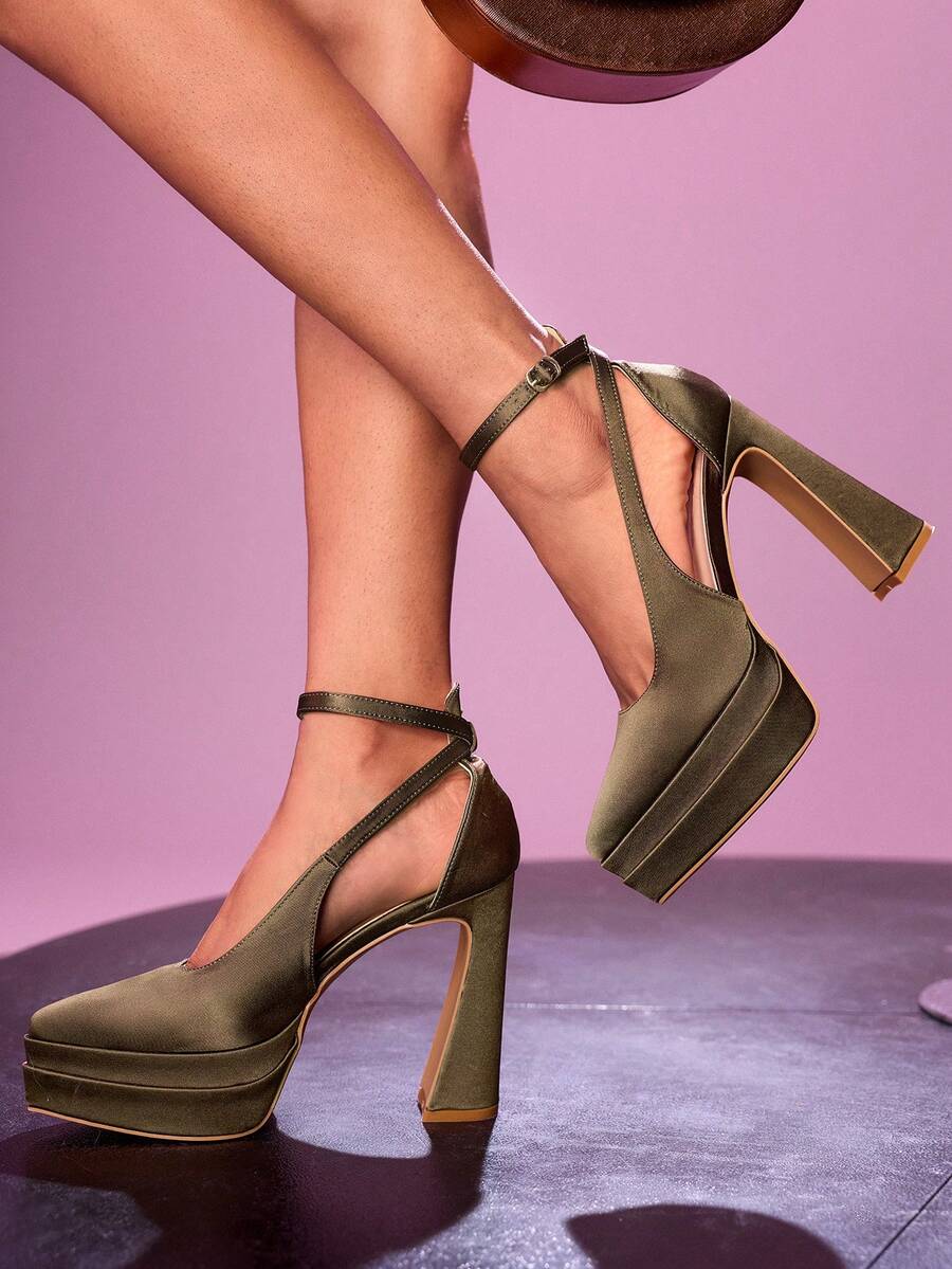 CUCCOO LuxiPop Giày cao gót đế xuồng màu đỏ tía, chất liệu satin, quai ba khóa thời trang gợi cảm dành cho nữ, phù hợp cho các buổi tối đi chơi, tiệc tùng, trở lại trường, Halloween, tiệc Giáng sinh - xanh quân đội - Xem 1