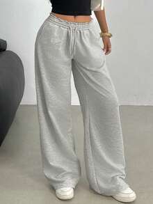 SHEIN 青少年女孩休闲宽松低腰松紧腰带阔腿运动裤，适合春夏秋冬 - 灰色 - 查看 4