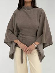 Aloruh Damblus med enfärgad, ståkrage och utsvängda ärmar, bälte, avslappnad och trendig