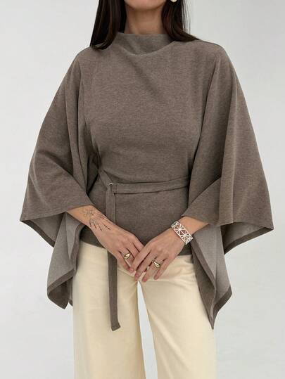 Aloruh Capa de lana color topo para mujer, top elegante de oficina y brunch de otoño con cuello alto, mangas acampanadas y cinturón, top de moda de invierno con cinturón desmontable