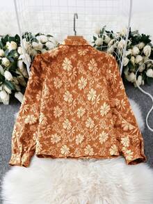 SHEIN Unity Kemeja Wanita Lengan Panjang Berkerah Bahan Jacquard Cokelat Karat Kasual untuk Perjalanan Sehari-hari Modis Elegan Bergaya Retro - Rust Brown - View 4